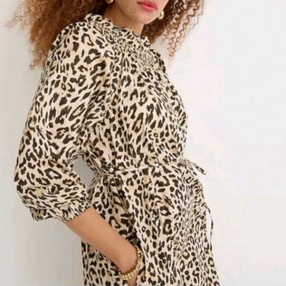 NWT J. Crew Dress Leopard Midi Ruffle Neck 50s Classic Tea Length Balloon Sleeve - Picture 4 of 11
